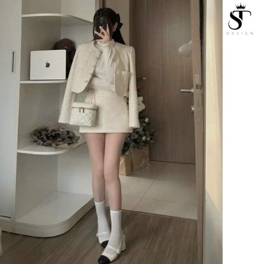 Set  dạ Tweed loại 1 QC  cúc ngọc đệm cầu vai mix chân váy nữa dáng A - ST Design - 45