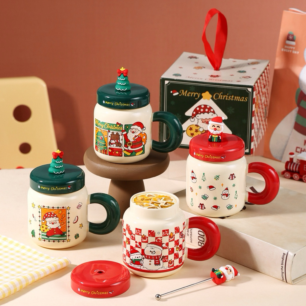 Ly Sứ Cốc Gốm Có Nắp Cổ Hẹp Hình Bánh Gừng Cây Thông Ông Già Xanh Đò Noel Giáng Sinh Quà Tặng Độc Đáo Merry Christmas