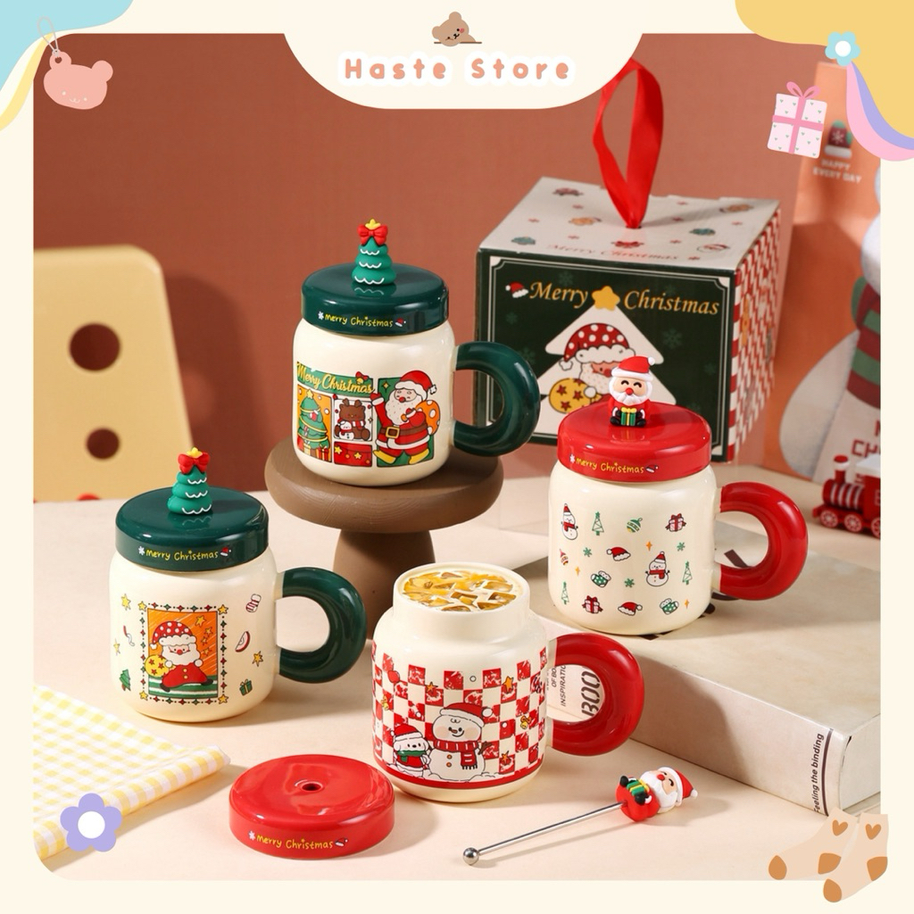 Ly Sứ Cốc Gốm Có Nắp Cổ Hẹp Hình Bánh Gừng Cây Thông Ông Già Xanh Đò Noel Giáng Sinh Quà Tặng Độc Đáo Merry Christmas