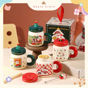 Ly Sứ Cốc Gốm Có Nắp Cổ Hẹp Hình Bánh Gừng Cây Thông Ông Già Xanh Đò Noel Giáng Sinh Quà Tặng Độc Đáo Merry Christmas