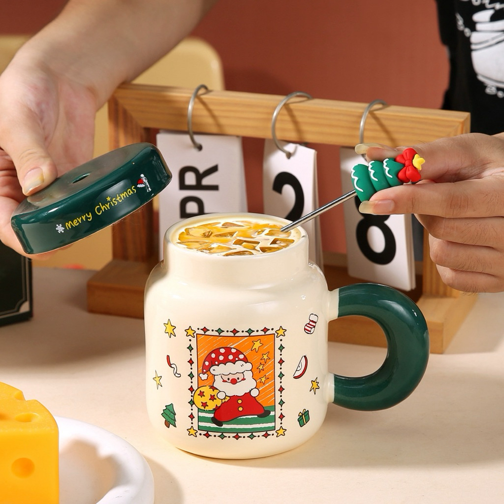 Ly Sứ Cốc Gốm Có Nắp Cổ Hẹp Hình Bánh Gừng Cây Thông Ông Già Xanh Đò Noel Giáng Sinh Quà Tặng Độc Đáo Merry Christmas