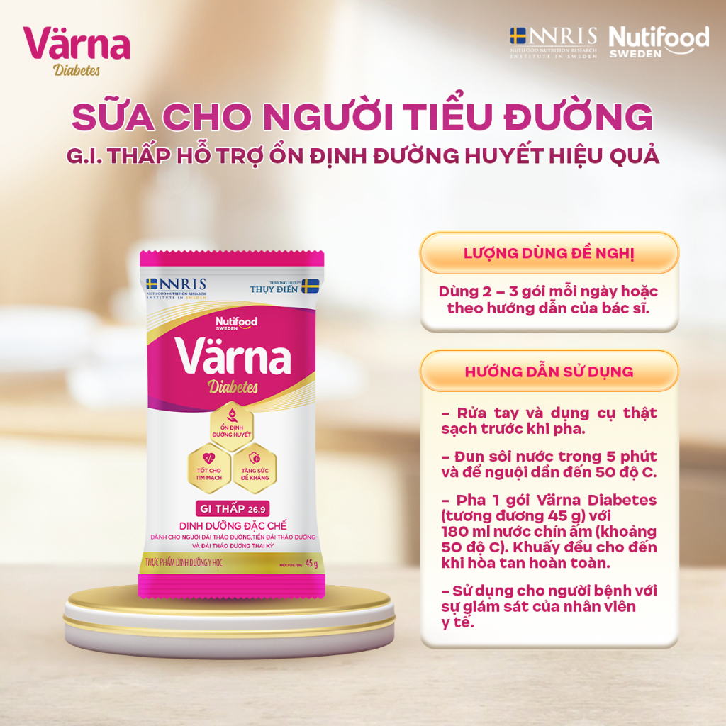 Sữa Bột Tiểu Đường VARNA DIABETES Lon (10 Gói x 45G) - GI Thấp, Hỗ Trợ Ổn Định Đường Huyết