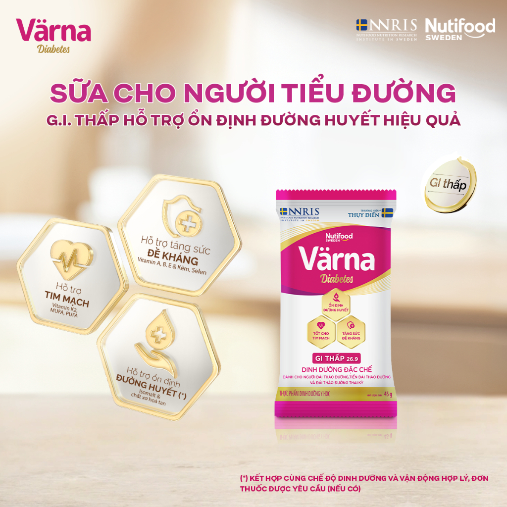 Sữa Bột Tiểu Đường VARNA DIABETES Lon (10 Gói x 45G) - GI Thấp, Hỗ Trợ Ổn Định Đường Huyết