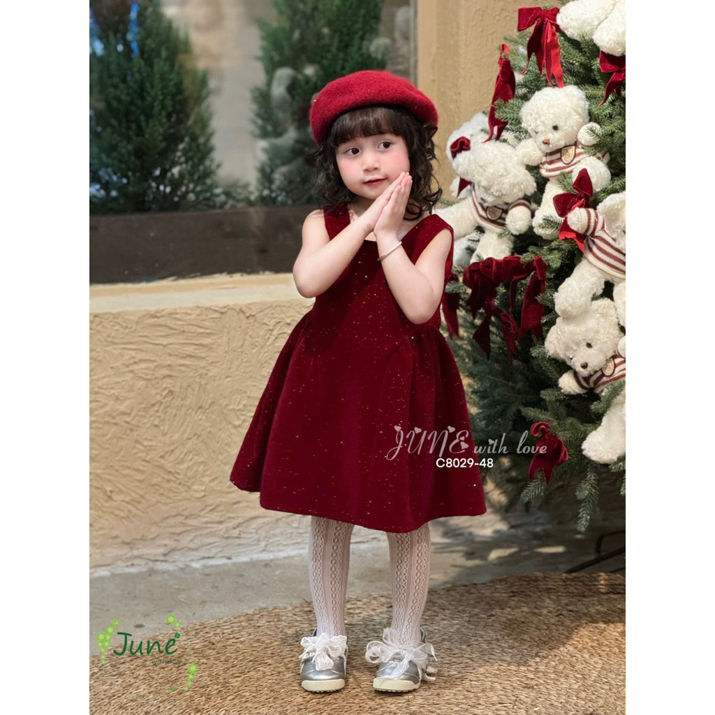 Đầm váy nhung bé gái tone đỏ đi chơi Tết Noel size 1–10Y (10–40kg) C8029 C6077 C6166 – váy trẻ em cao cấp