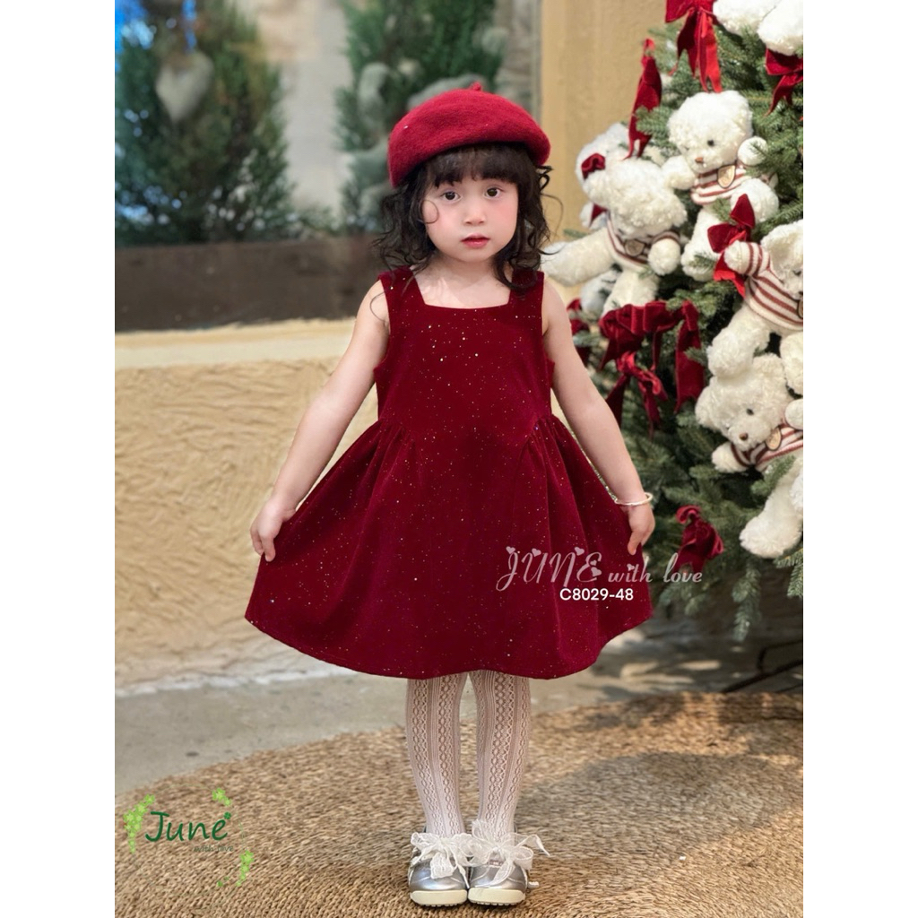 Đầm váy nhung bé gái tone đỏ đi chơi Tết Noel size 1–10Y (10–40kg) C8029 C6077 C6166 – váy trẻ em cao cấp