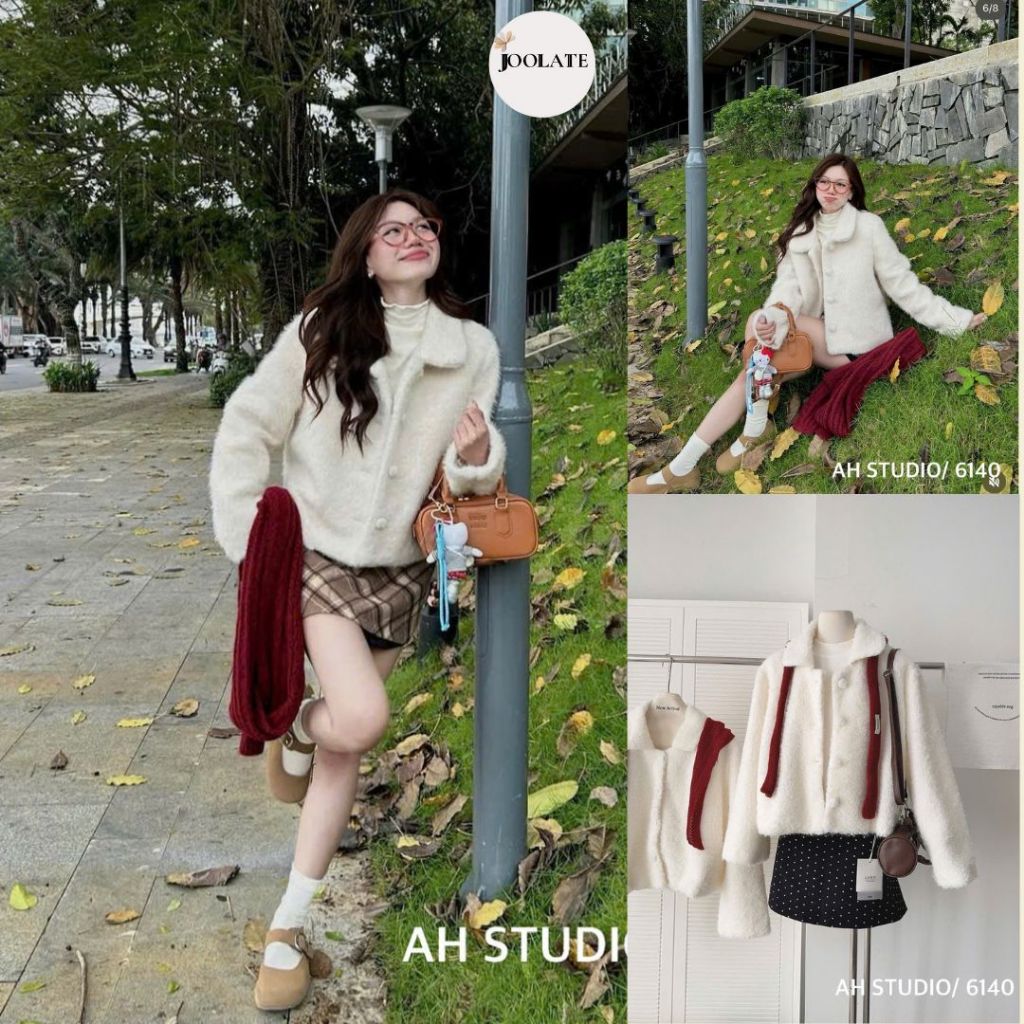 Áo khoác lông xù nữ trắng cúc bọc cổ bẻ tiểu thư mix đồ đi chơi Noel sang chảnh Joolate