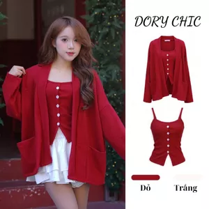 _Set 2 món áo khoác cardigan len thỏ mềm mịn mix áo dây điệu bên trong
