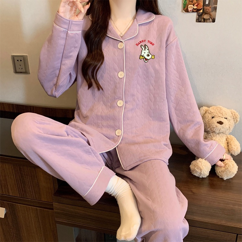 [Oder] Bộ đồ ngủ cotton chần bông mùa thu đông, họa tiết hoạt hình có cổ bẻ dễ thương và ấm áp,mặc ở nhà