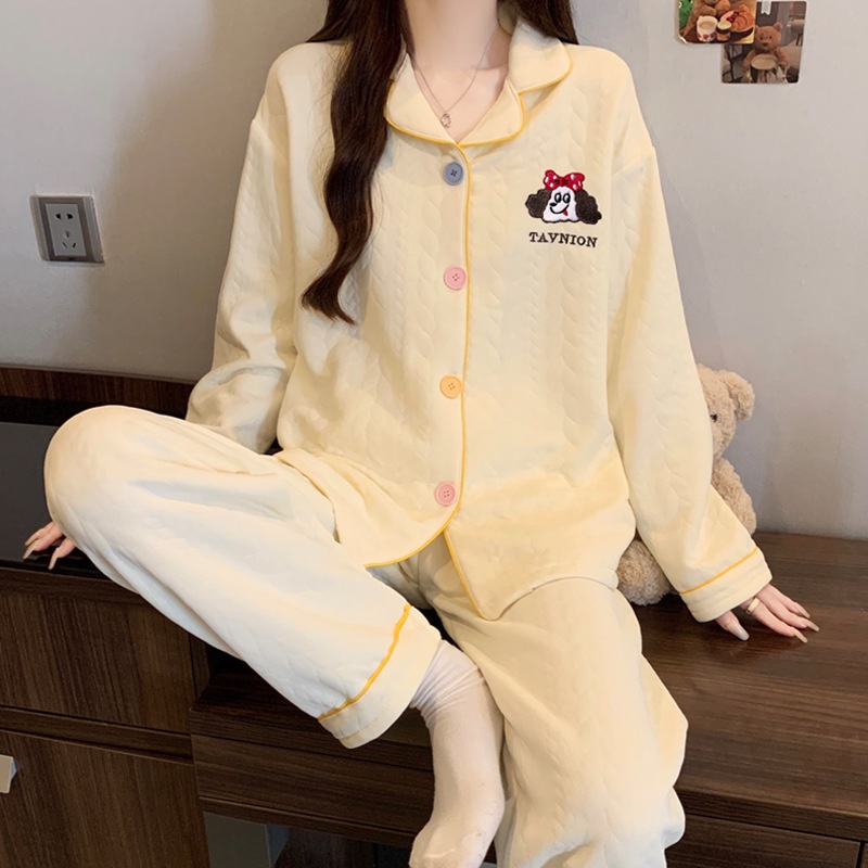 [Oder] Bộ đồ ngủ cotton chần bông mùa thu đông, họa tiết hoạt hình có cổ bẻ dễ thương và ấm áp,mặc ở nhà