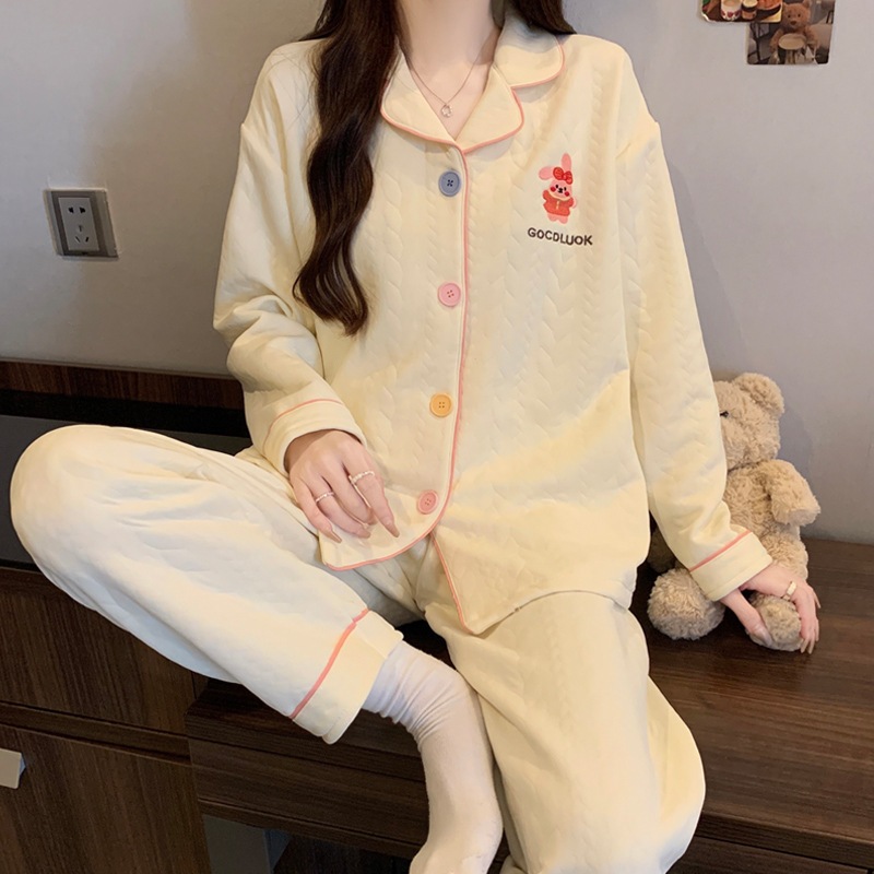 [Oder] Bộ đồ ngủ cotton chần bông mùa thu đông, họa tiết hoạt hình có cổ bẻ dễ thương và ấm áp,mặc ở nhà