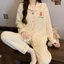Bộ đồ ngủ cotton chần bông mùa thu đông, họa tiết hoạt hình có cổ bẻ dễ thương và ấm áp,mặc ở nhà