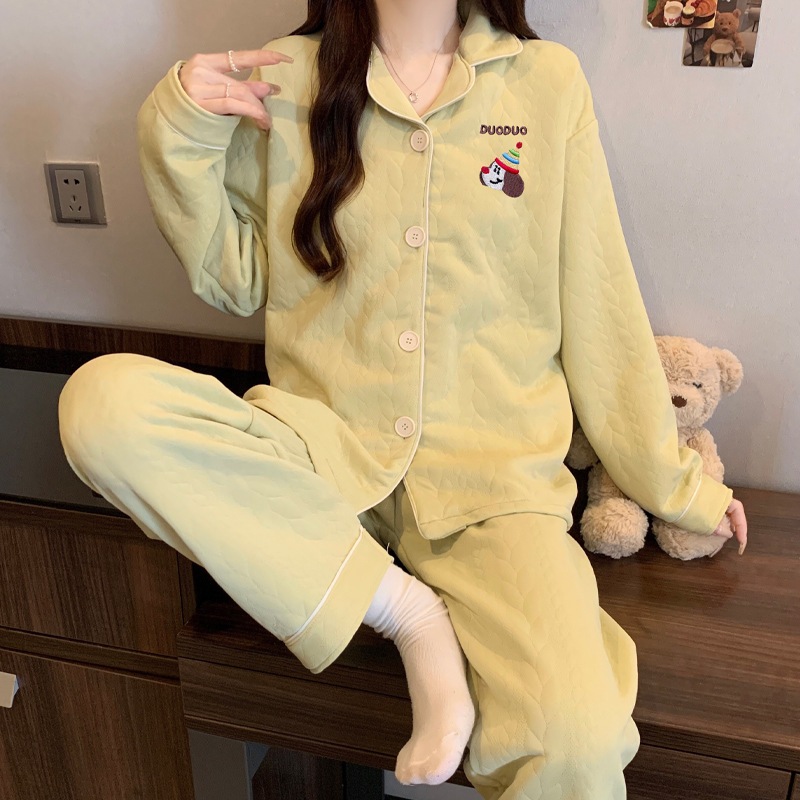 [Oder] Bộ đồ ngủ cotton chần bông mùa thu đông, họa tiết hoạt hình có cổ bẻ dễ thương và ấm áp,mặc ở nhà