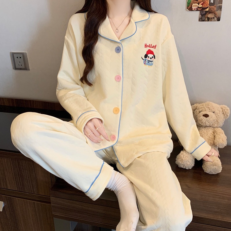 [Oder] Bộ đồ ngủ cotton chần bông mùa thu đông, họa tiết hoạt hình có cổ bẻ dễ thương và ấm áp,mặc ở nhà