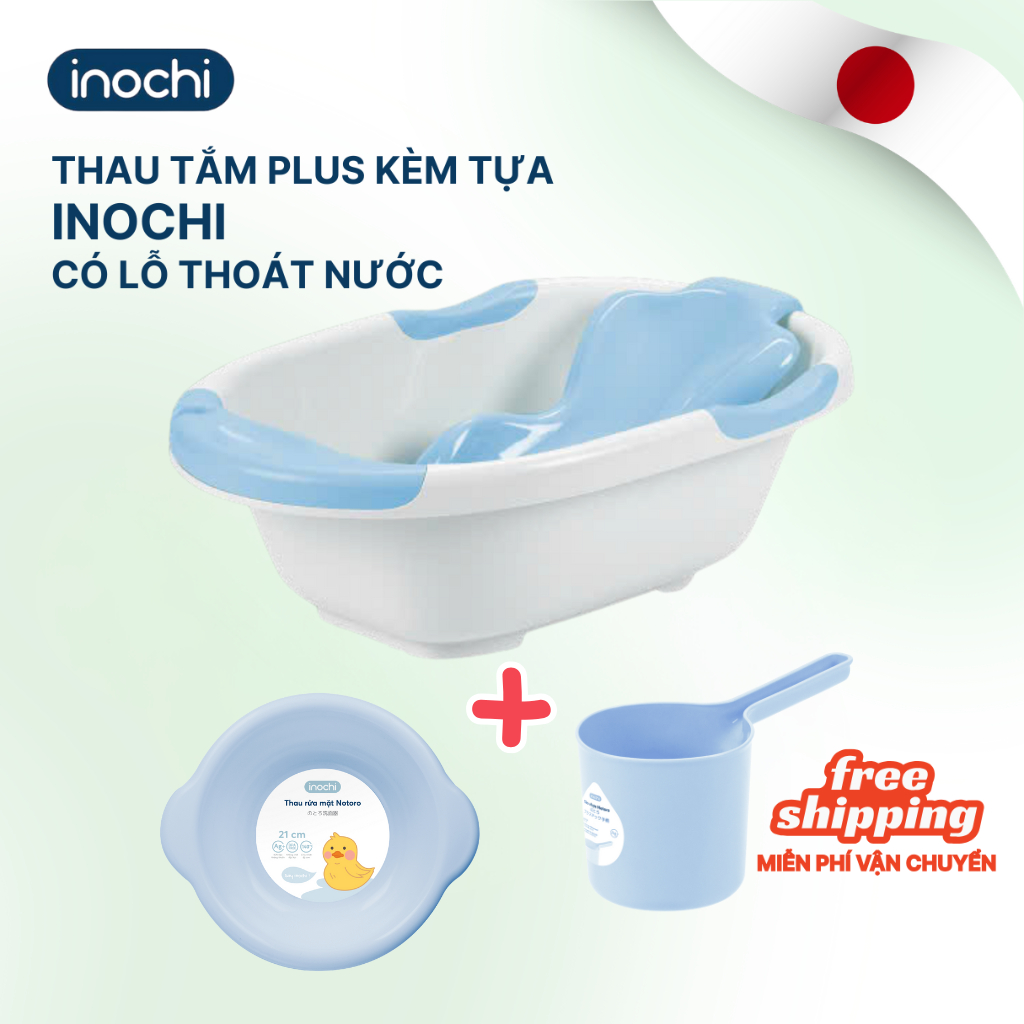 COMBO Chậu tắm cho bé sơ sinh Notoro Inochi 120L lớn tặng kèm tựa tắm, thau rửa mặt 21cm, gáo nước