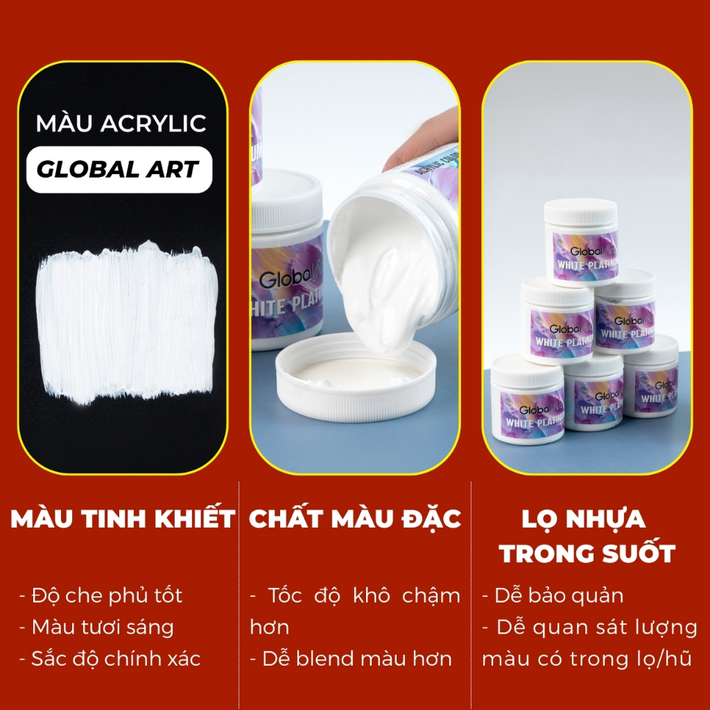 Hũ Màu Nước Acrylic 250ml Màu Trắng GLOBAL ART White Platinum Chất Màu Đặc, Độ Che Phủ Cao, Độ Bền Sáng Tốt Dễ Blend Màu