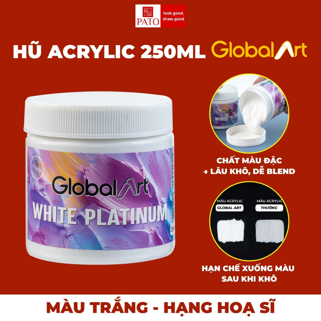 Hũ Màu Nước Acrylic 250ml Màu Trắng GLOBAL ART White Platinum Chất Màu Đặc, Độ Che Phủ Cao, Độ Bền Sáng Tốt Dễ Blend Màu