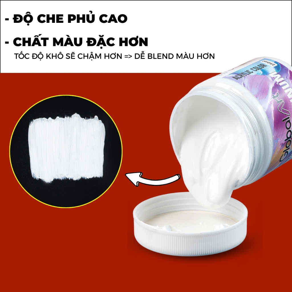 Hũ Màu Nước Acrylic 250ml Màu Trắng GLOBAL ART White Platinum Chất Màu Đặc, Độ Che Phủ Cao, Độ Bền Sáng Tốt Dễ Blend Màu