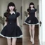 QC_ Đầm váy ngắn, đầm đi tiệc mặc Tết chất Cotton Lạnh dáng ngắn cổ bẻ phối tơ kèm quần