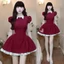 QC_ Đầm váy ngắn, đầm đi tiệc mặc Tết chất Cotton Lạnh dáng ngắn cổ bẻ phối tơ kèm quần