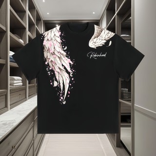 Áo thun unisex cotton high street lông vũ cánh chim in logo áo thun dáng rộng cảm giác cao cấp
