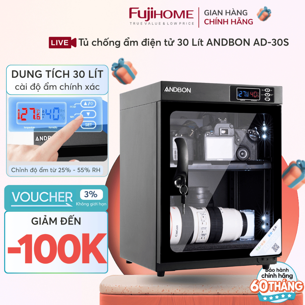 Tủ chống ẩm NC-30S 30 lít nhập khẩu, không gây tiếng ồn, màn hình hiển thị độ ẩm