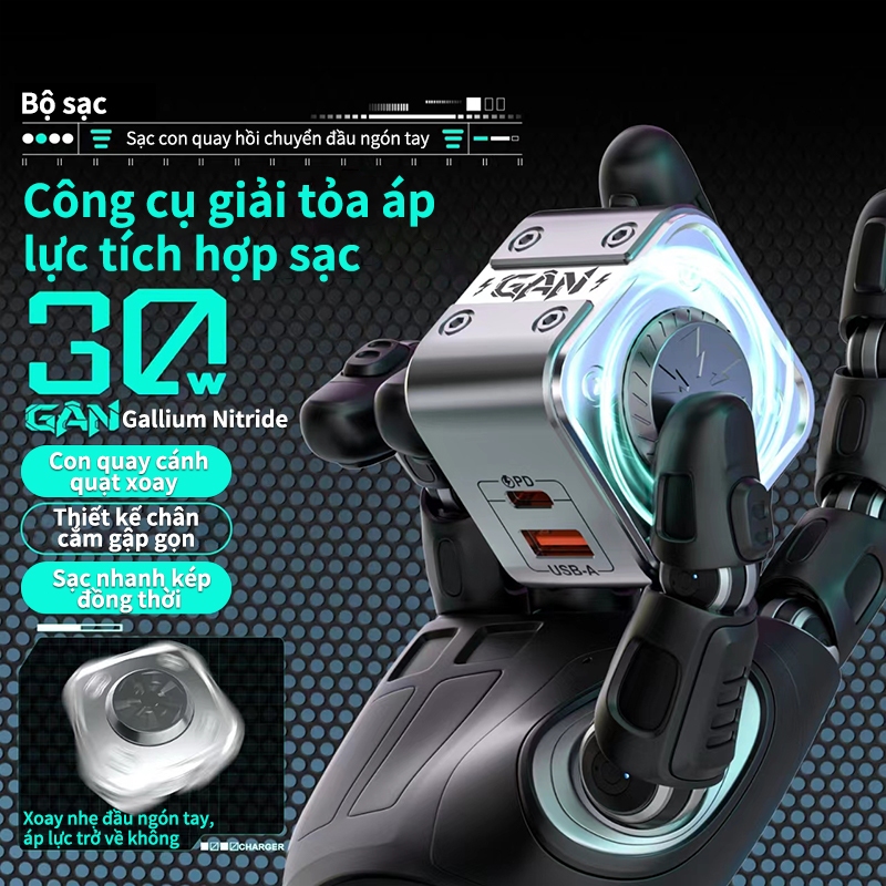 Cốc sạc  30W công nghệ mới, dạng con quay xoay bằng lực ấn, chân cắm có thể gập lại 4 in1  Cáp sạc