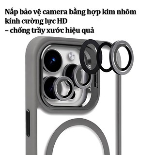 Ốp lưng iPhone trong suốt chống sốc hỗ trợ từ tính khung camera gập cho iPhone 14 15 16 17 Pro Max