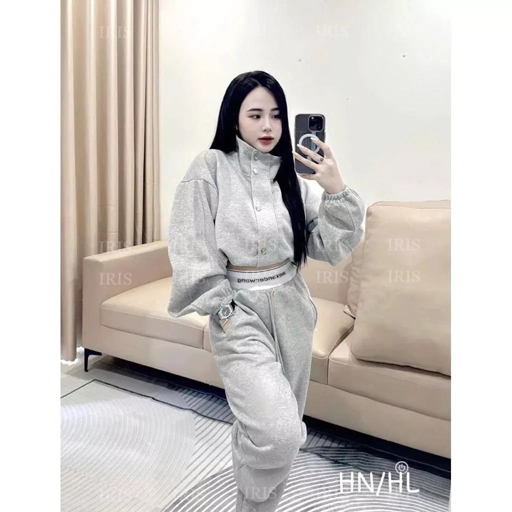 Bộ nỉ 2 Da Hottrend Cá tính dành cho nữ- Áo khuy bấm Mix Quần ống xuông Cạp bo dệt cực Sang chảnh