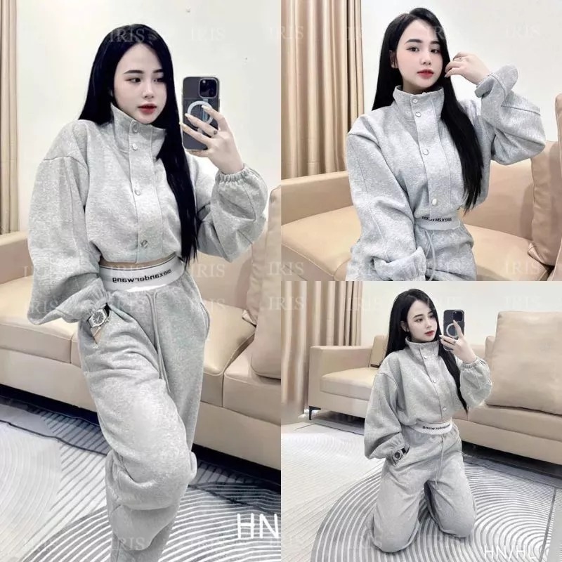 Bộ nỉ 2 Da Hottrend Cá tính dành cho nữ- Áo khuy bấm Mix Quần ống xuông Cạp bo dệt cực Sang chảnh
