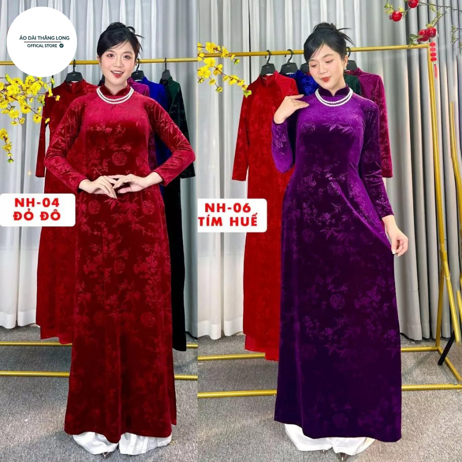 Áo Dài Truyền Thống Cho Mẹ Nữ Trung Niên, Set Áo Dài 2 Tà Nhung Họa Tiết Hoa Co Giãn May Sẵn Cổ Cao 2cm