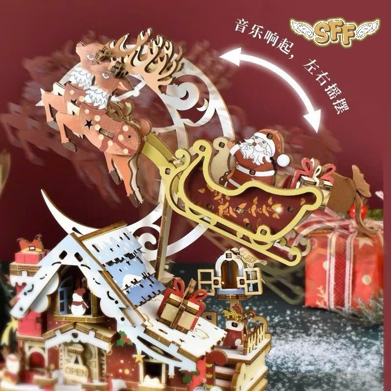 Đồ Chơi Lắp Ráp Mô Hình Gỗ 3D Hộp Nhạc Ngôi Nhà Giáng Sinh STEAM Ngôi Nhà Noel