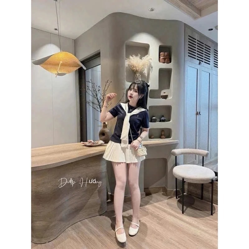 Sét váy nữ sang chảnh phối logo Thêu Ngựa kèm khăn siêu dễ thương chất thun cotton mềm mịn siêu dày dặn