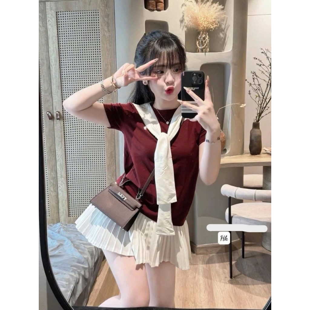 Sét váy nữ sang chảnh phối logo Thêu Ngựa kèm khăn siêu dễ thương chất thun cotton mềm mịn siêu dày dặn