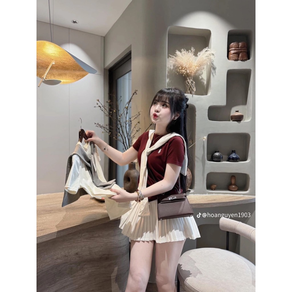 Sét váy nữ sang chảnh phối logo Thêu Ngựa kèm khăn siêu dễ thương chất thun cotton mềm mịn siêu dày dặn