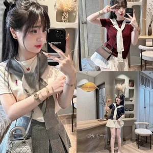 Sét váy nữ sang chảnh phối logo Thêu Ngựa kèm khăn siêu dễ thương chất thun cotton mềm mịn siêu dày dặn