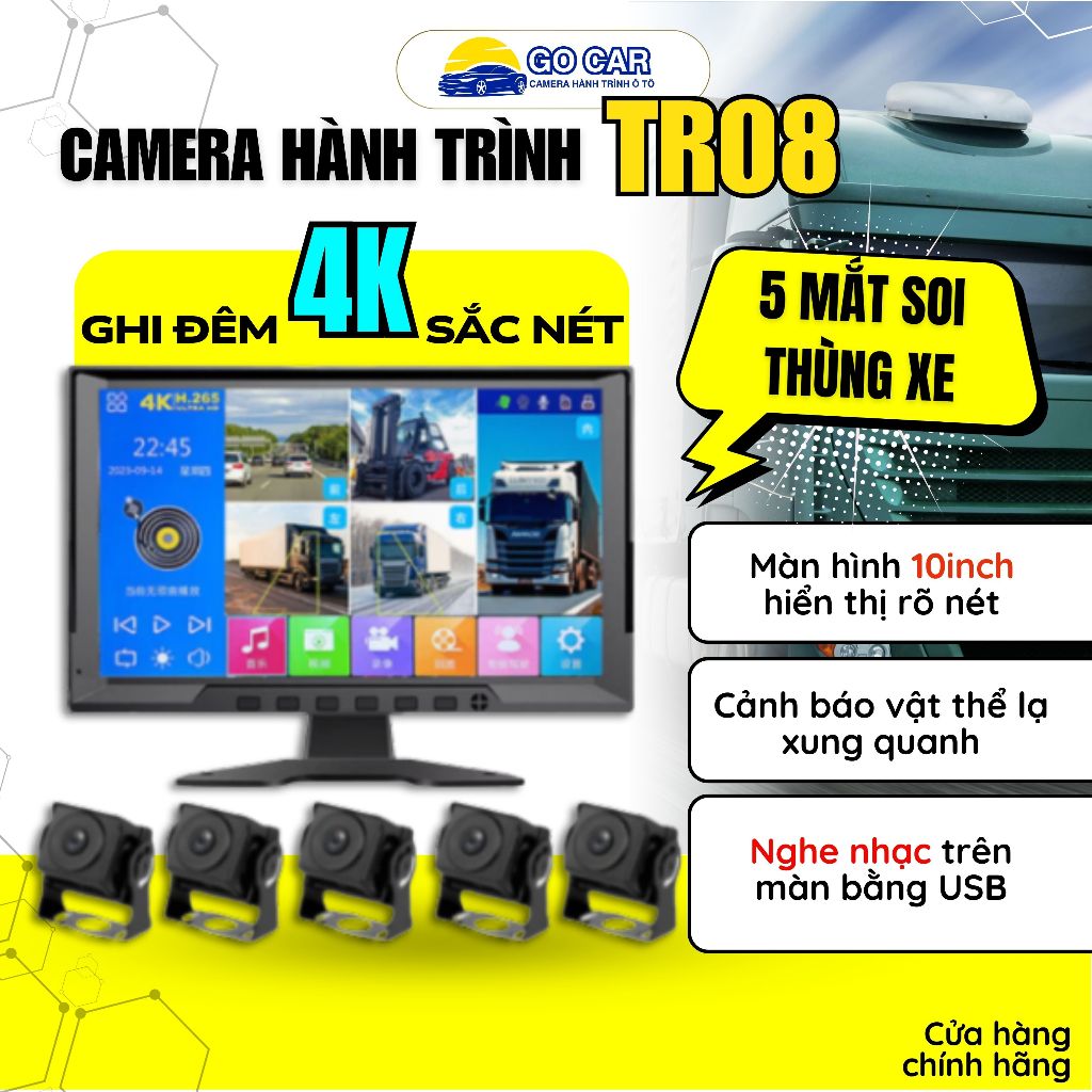 Camera Xe Tải Ghi 5 Mắt TR08, Tích Hợp Vạch Kẻ Lùi Xe, Góc Rộng, 4K Sắc ...