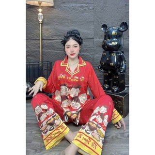 T01: Mẫu Tết Xinh Free size (45-60 kg ),Lụa Latin (Lụa Mịn Tơ Tằm) Quần Dài,Tay  Áo Ngắn, Dài,Miễn Phí Vận chuyể