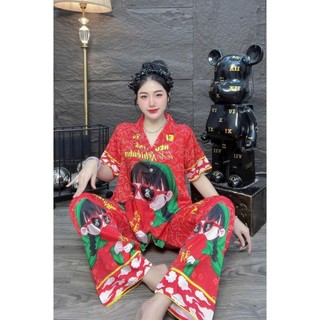 T01: Mẫu Tết Xinh Free size (45-60 kg ),Lụa Latin (Lụa Mịn Tơ Tằm) Quần Dài,Tay  Áo Ngắn, Dài,Miễn Phí Vận chuyể