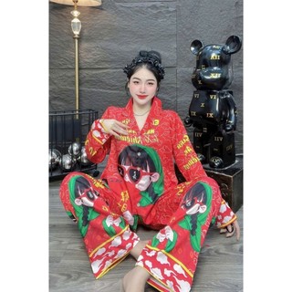 T01: Mẫu Tết Xinh Free size (45-60 kg ),Lụa Latin (Lụa Mịn Tơ Tằm) Quần Dài,Tay  Áo Ngắn, Dài,Miễn Phí Vận chuyể
