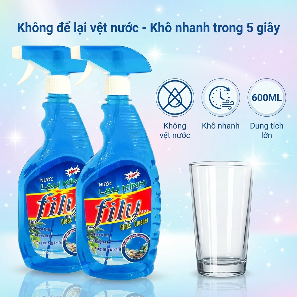 Nước lau kính Siêu Nhanh 600ml Fily Chai Xịt Lau Cửa Kính Đa Năng Sạch Trong Suốt Không Tỳ Vết