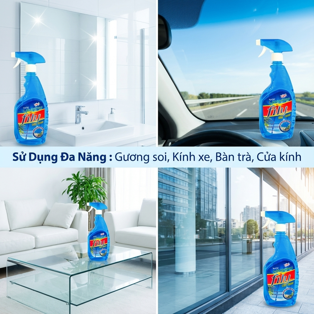 Nước lau kính Siêu Nhanh 600ml Fily Chai Xịt Lau Cửa Kính Đa Năng Sạch Trong Suốt Không Tỳ Vết