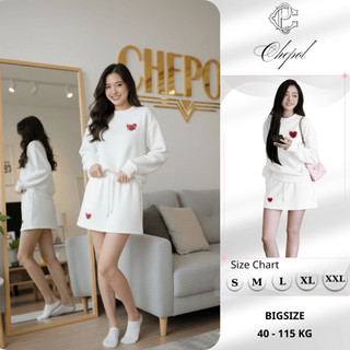 Set Bộ Nỉ Nữ Thu Đông CHEPOL Cổ Tròn, In Trái Tim, Chất Nỉ Chân Cua Cao Cấp (Áo Sweater Trắng + Chân Váy Trắng)-CP_17104