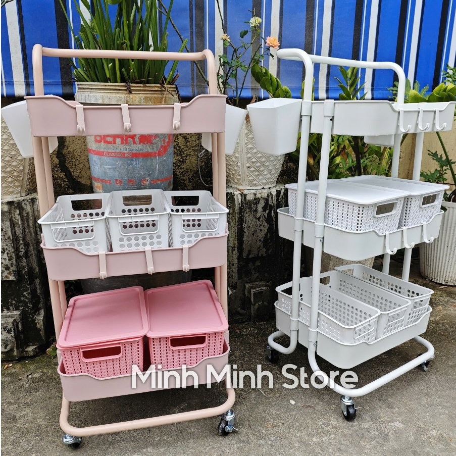 ( COMBO Kệ kèm rổ cốc ) Kệ 3 tầng đa năng loại 1 Khung sắt - kệ đa năng 3 tầng bỉm sữa - kệ để đồ sơ sinh - kệ để đồ spa