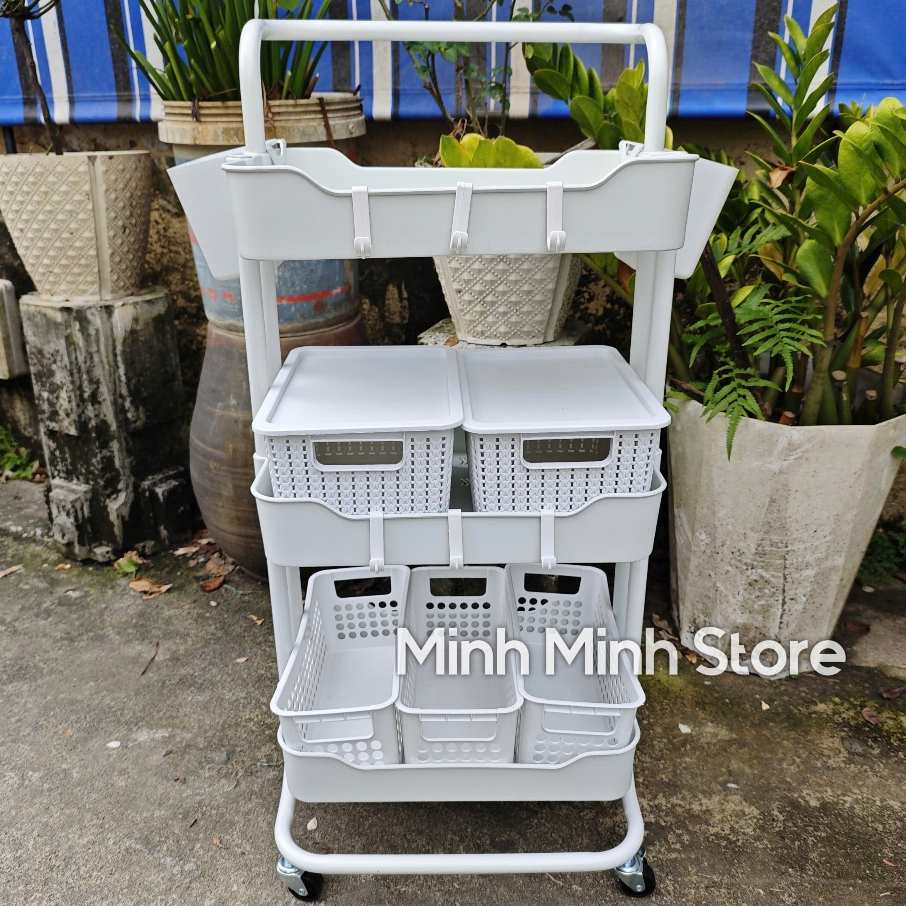 ( COMBO Kệ kèm rổ cốc ) Kệ 3 tầng đa năng loại 1 Khung sắt - kệ đa năng 3 tầng bỉm sữa - kệ để đồ sơ sinh - kệ để đồ spa