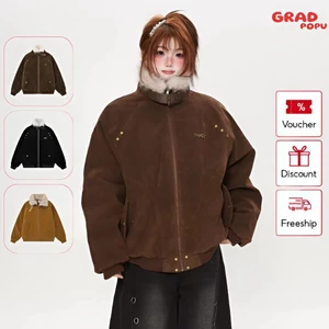 Áo khoác GRADPOPU cotton chần bông thời trang cổ đứng bằng da cài nút lớp lót lông cừu cực dày AK404