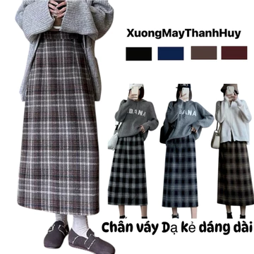 Chân váy dạ kẻ thu đông dáng a dài kháo sau, chân váy chất dạ kẻ dáng midi xẻ sau-váy dài kẻ