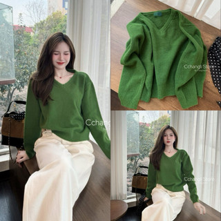LOU BAE| (HÀNG QC SẴN) Áo Len Nữ Tay Dài Cổ Tim Form Vừa