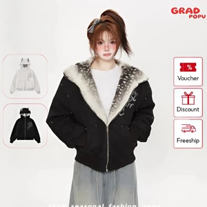 Áo khoác nữ GRADPOPU cotton ngắn dày rặn rộng rãi có mũ trùm đầu lót lông cừu siêu thời trang AK407