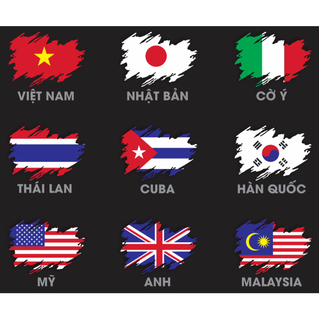 01 TEM LÁ CỜ. Nhiều kích thước. Decal sticker hình dán. Việt Nam, Thái Lan, Hàn, Nhật, Mỹ, Anh, Malaysia, Cuba, Ý