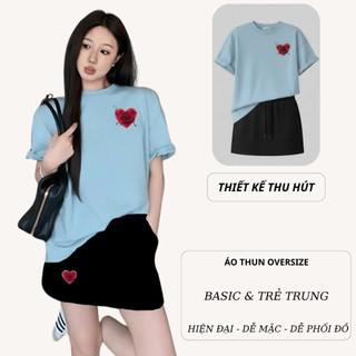 Set Bộ Áo Thun Nữ CHEPOL Form Rộng, Phối Chân Váy Ngắn, In Trái tim, Chất Cotton ( Áo Phông Xanh Biển + CV ĐEN)-CP_x6183